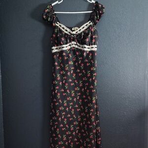 Inspired Hearts Black Maxi Slip Dress with Pink Floral Print